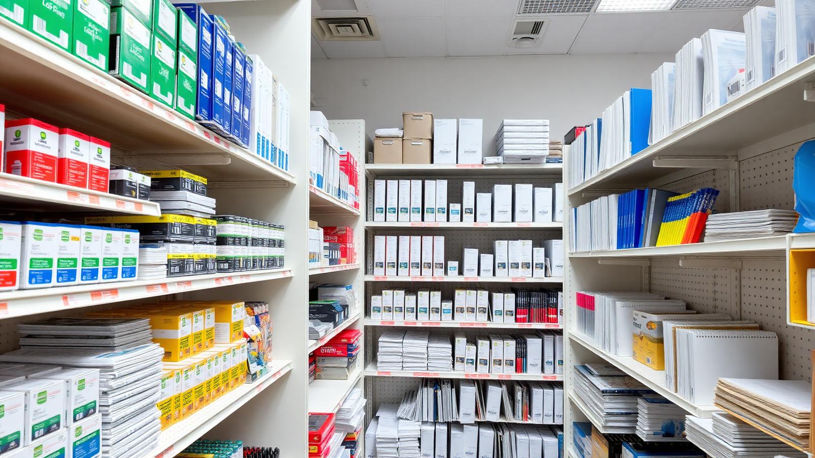 Prateleiras com consumíveis e materiais de escritório